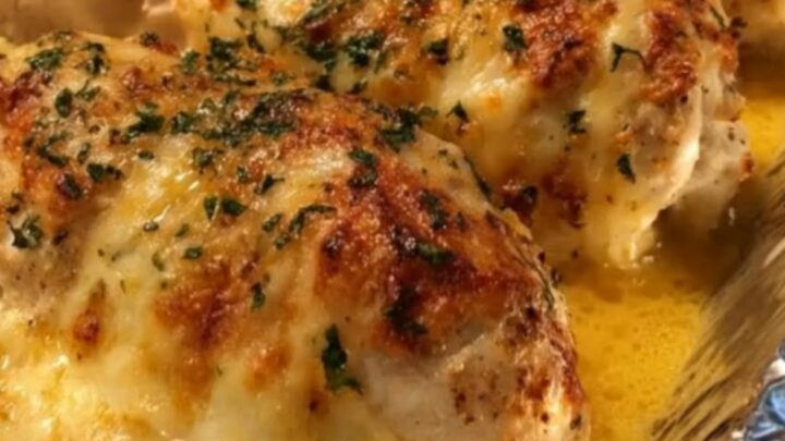 Four golden-baked stuffed chicken breasts in a foil pan topped with bubbling melted cheddar cheese.