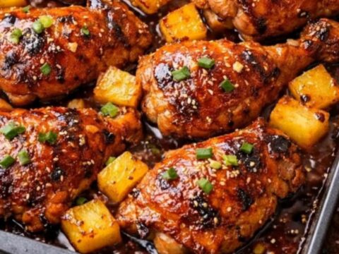 A baking pan filled with golden-brown glazed chicken drumsticks, thighs, and caramelized pineapple chunks.