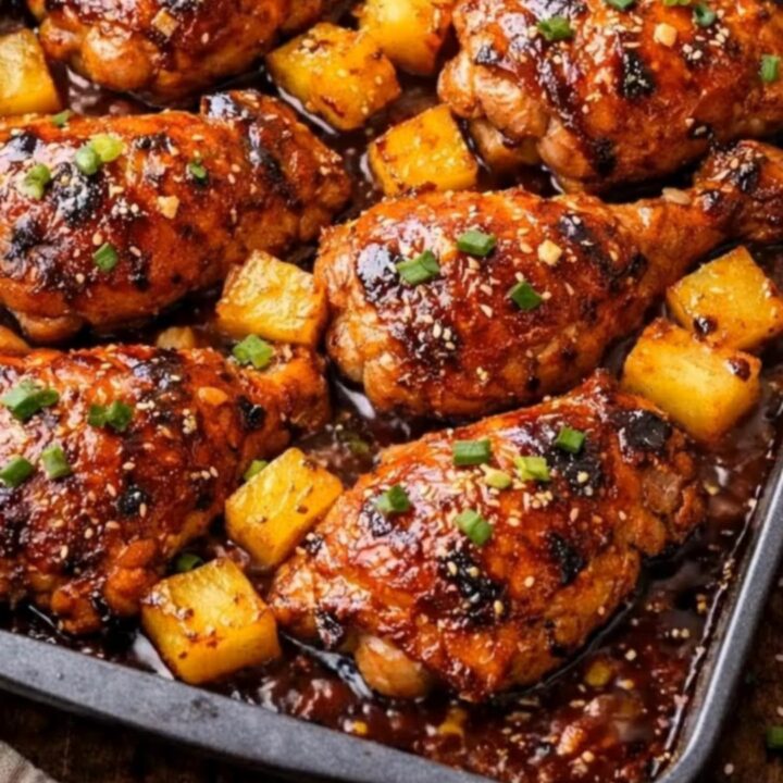 A baking pan filled with golden-brown glazed chicken drumsticks, thighs, and caramelized pineapple chunks.