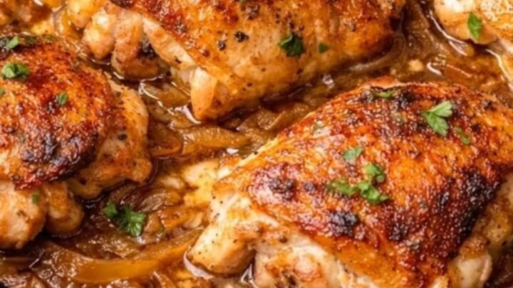 Six golden-brown chicken thighs resting on glossy caramelized onion gravy inside a black slow cooker garnished with fresh