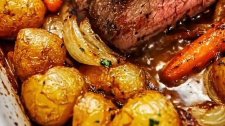 A beautiful white ceramic baking dish containing sliced garlic herb roast beef surrounded by tender baby potatoes