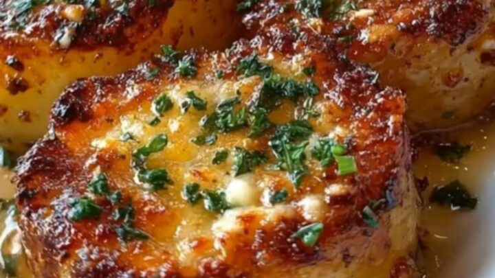 A white oval platter piled high with golden-brown, crispy garlic butter potato rounds garnished with fresh parsley.
