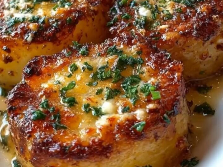 A white oval platter piled high with golden-brown, crispy garlic butter potato rounds garnished with fresh parsley.