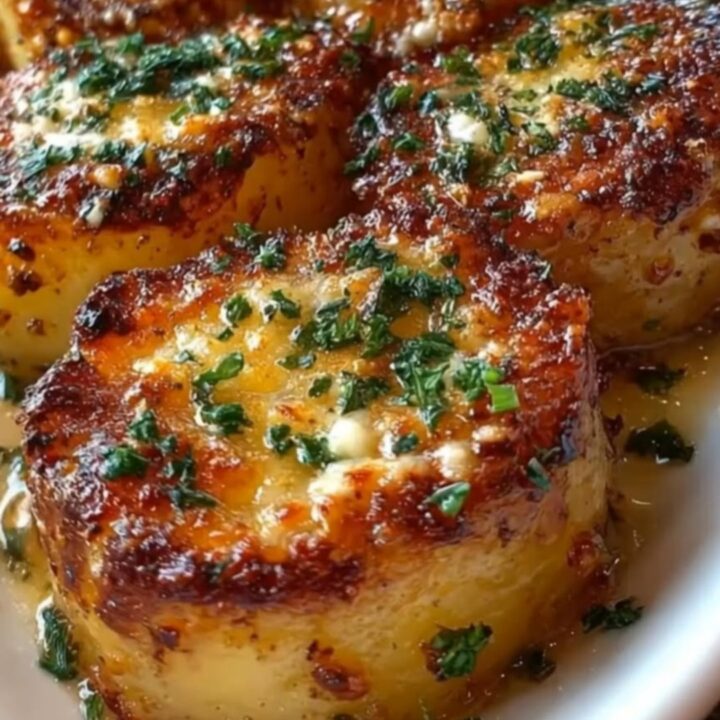 A white oval platter piled high with golden-brown, crispy garlic butter potato rounds garnished with fresh parsley.