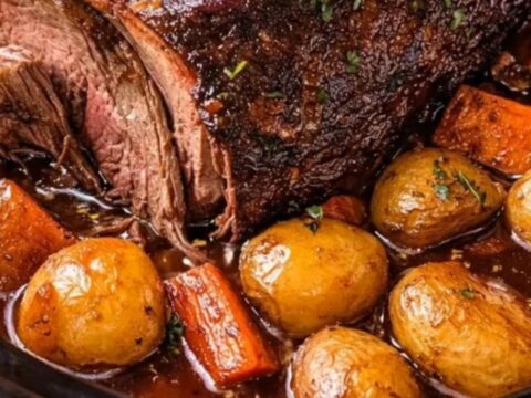 A glistening, herb-topped slow cooker pot roast resting in rich savory broth with tender baby potatoes and carrots.