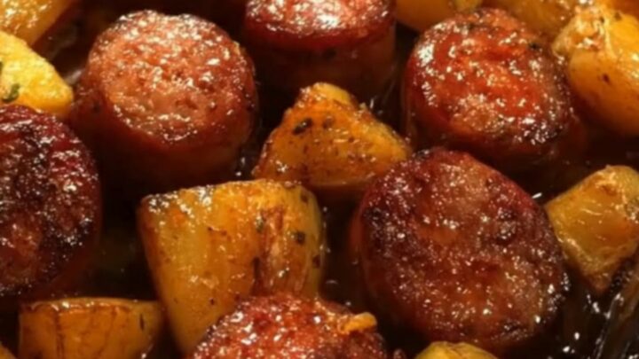 A baking dish filled with caramelized honey garlic smoked sausage rounds and golden roasted potatoes
