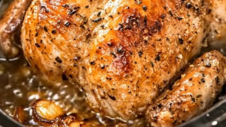 A glistening, golden slow cooker whole chicken seasoned with herbs and surrounded by garlic cloves.