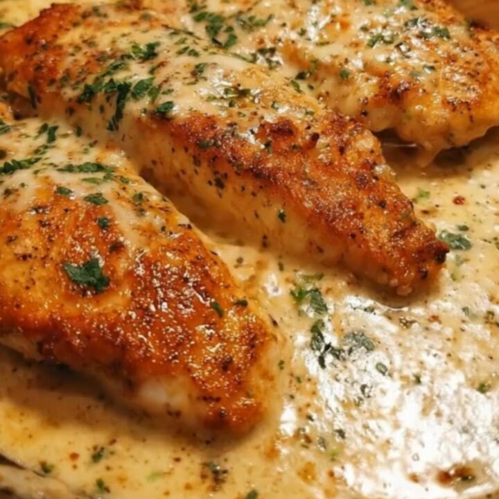 A golden-brown seared chicken breast resting in a rich, bubbling garlic parmesan cream sauce in a black cast iron skillet.
