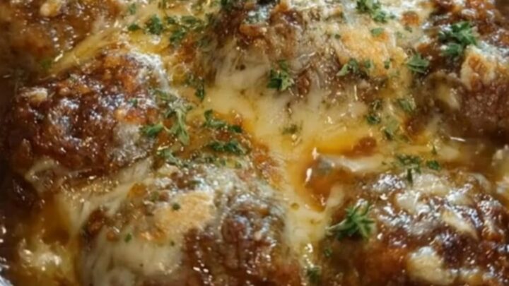 A black oval slow cooker filled with glazed meatballs under melted cheese and fresh parsley