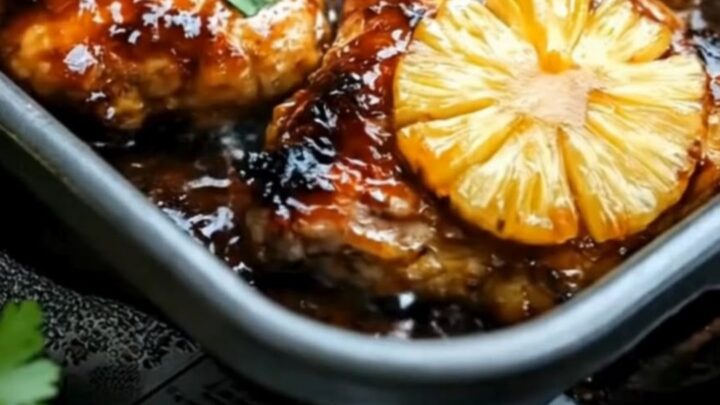 A baking pan filled with golden-brown glazed Huli Huli chicken thighs topped with roasted pineapple slices and green onions.