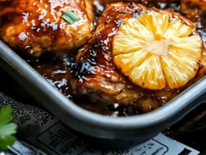 A baking pan filled with golden-brown glazed Huli Huli chicken thighs topped with roasted pineapple slices and green onions.