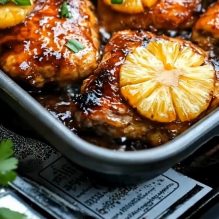 A baking pan filled with golden-brown glazed Huli Huli chicken thighs topped with roasted pineapple slices and green onions.