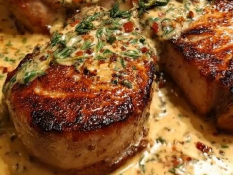 Four thick-cut, seared pork chops resting in a rich, bubbling garlic herb cream sauce with fresh thyme sprigs in a cast iron