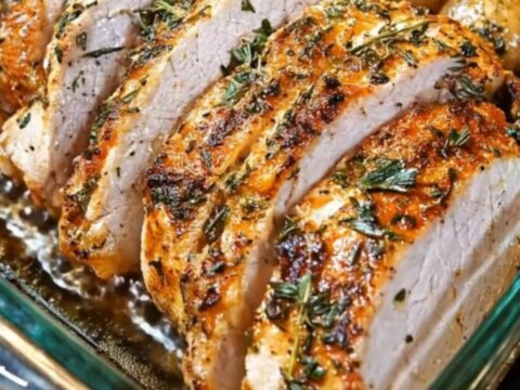 A clear glass baking dish filled with neatly sliced herb-crusted chicken breast, roasted golden baby potatoes