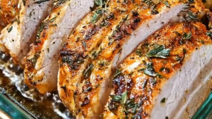 A clear glass baking dish filled with neatly sliced herb-crusted chicken breast, roasted golden baby potatoes
