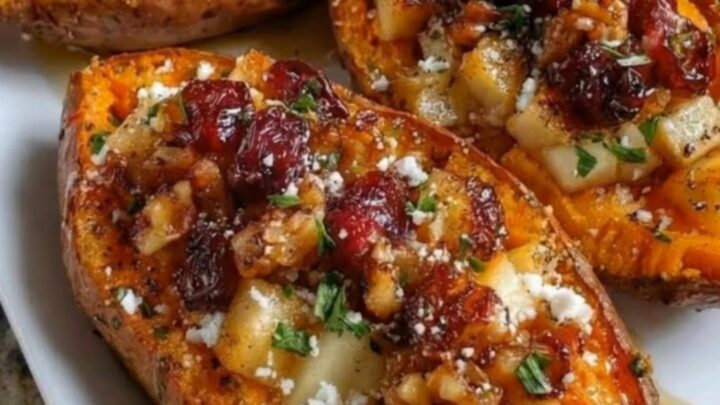 Four festive stuffed sweet potatoes garnished with fresh rosemary sprigs on a white rectangular platter.