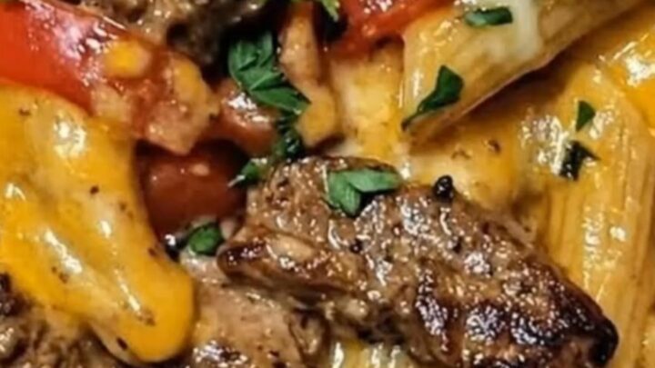 A steaming plate of Creamy Steak Bell Pepper Ranch Penne garnished with fresh parsley.
