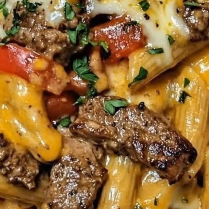 A steaming plate of Creamy Steak Bell Pepper Ranch Penne garnished with fresh parsley.