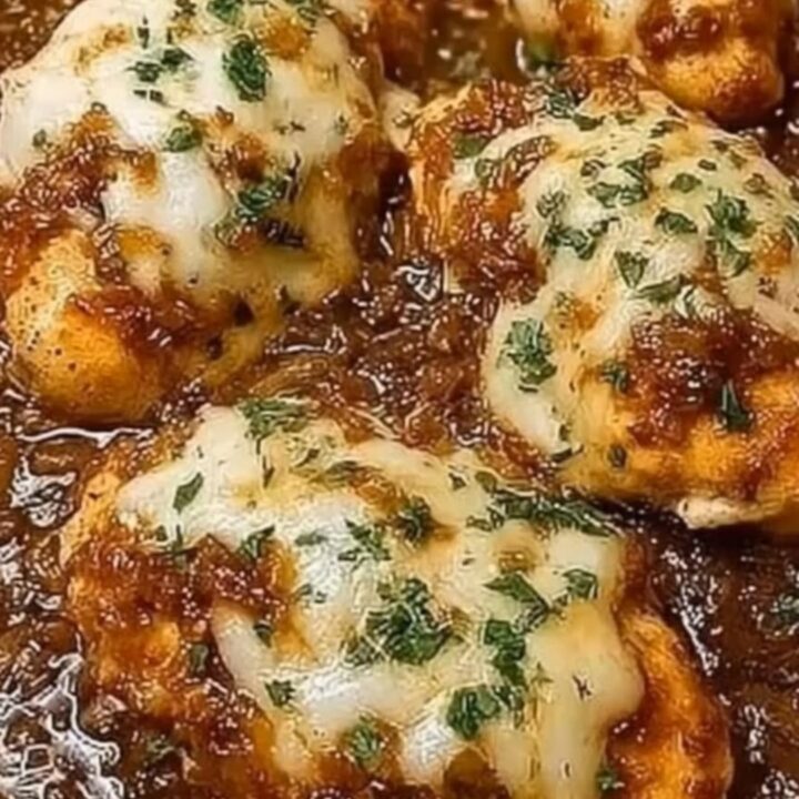 A clear oval glass baking dish filled with baked chicken breasts covered in bubbling melted Gruyere cheese and sweet