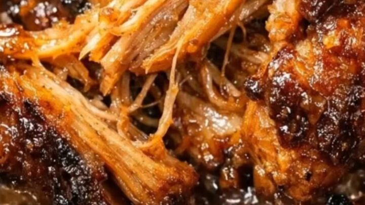 A close-up shot of glistening, sticky BBQ pulled pork piled high in a black slow cooker with steam rising.