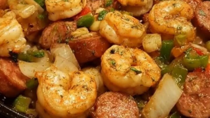 A steaming black cast-iron skillet filled with juicy seasoned shrimp, sliced browned sausage, and colorful bell peppers.