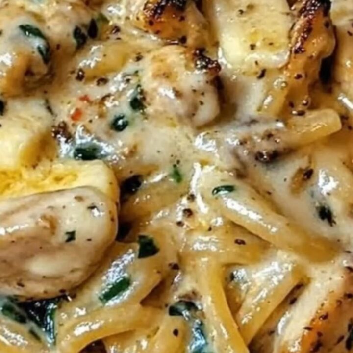A warm bowl of creamy chicken spinach alfredo spaghetti with steam rising from the glossy sauce.