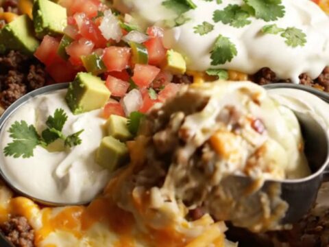 A warm, bubbling bowl of Texas Trash Dip served in a rustic stoneware crockpot with tortilla scoops.