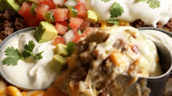 A warm, bubbling bowl of Texas Trash Dip served in a rustic stoneware crockpot with tortilla scoops.