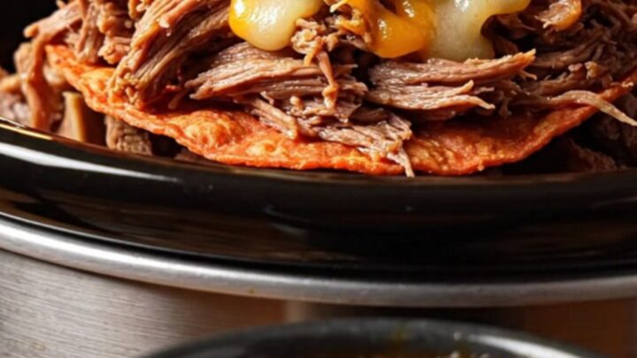 A close-up of a crispy quesabirria taco being dipped into a rich, red bowl of consommé.