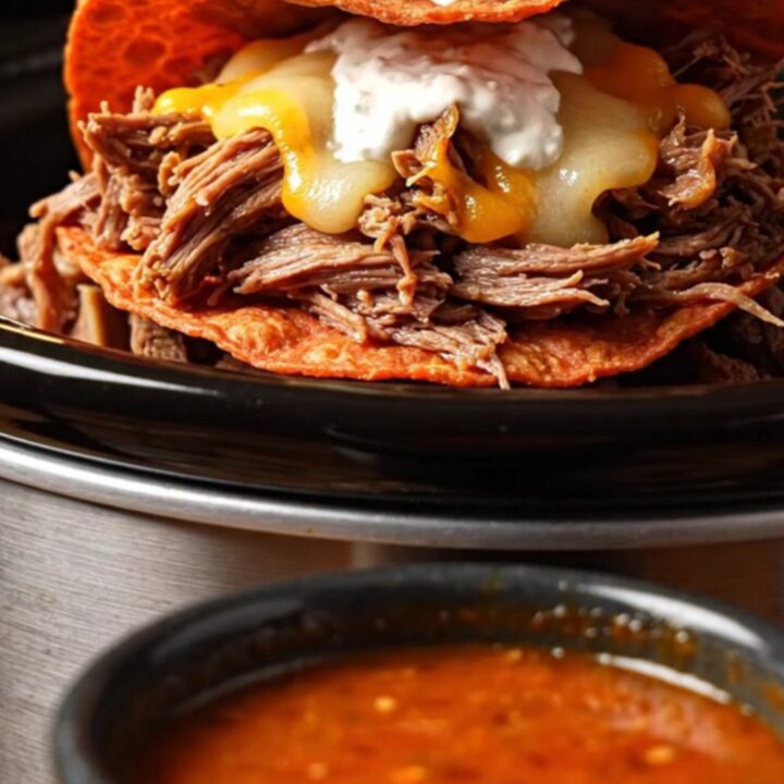 A close-up of a crispy quesabirria taco being dipped into a rich, red bowl of consommé.
