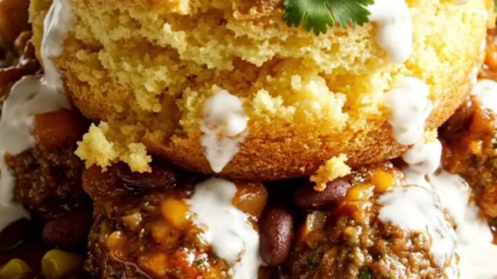 A close-up view of the slow-cooker casserole showing fluffy golden cornbread over smoky meatballs and bubbling cheese.