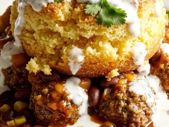 A close-up view of the slow-cooker casserole showing fluffy golden cornbread over smoky meatballs and bubbling cheese.
