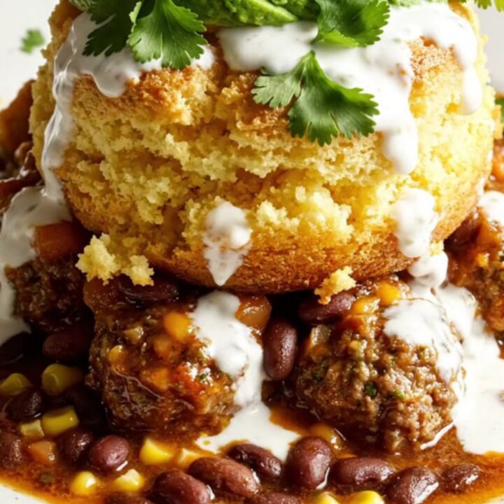 A close-up view of the slow-cooker casserole showing fluffy golden cornbread over smoky meatballs and bubbling cheese.