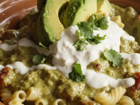 A close-up of creamy mac and cheese with brisket and green chiles in a slow cooker.