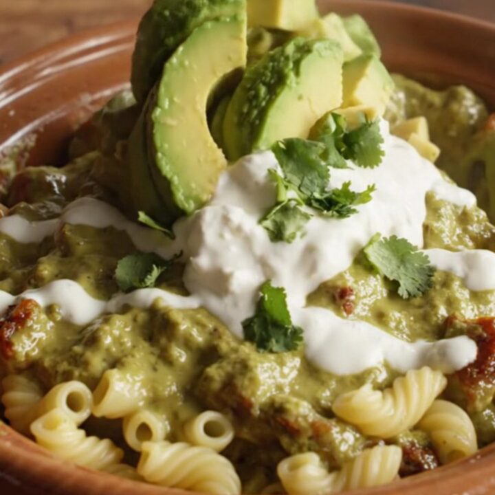 A close-up of creamy mac and cheese with brisket and green chiles in a slow cooker.