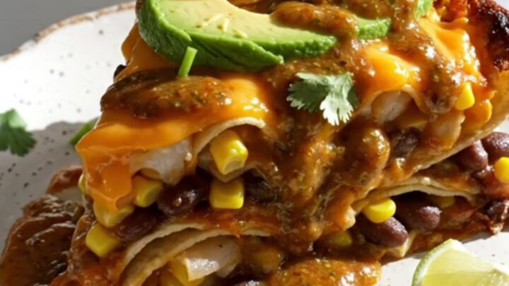 A warm, cheesy slow-cooker shrimp enchilada bake with visible layers of tortillas, shrimp, and black beans.