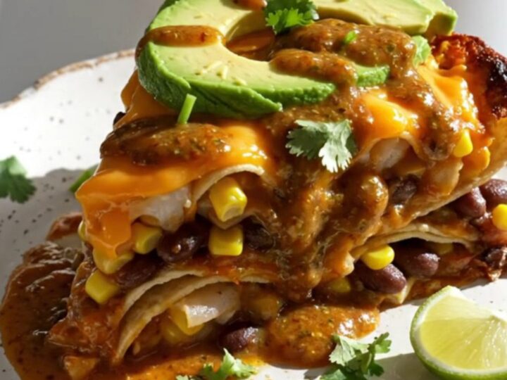 A warm, cheesy slow-cooker shrimp enchilada bake with visible layers of tortillas, shrimp, and black beans.