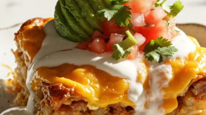 A warm, cheesy breakfast casserole in a white Crockpot, topped with avocado and cilantro.