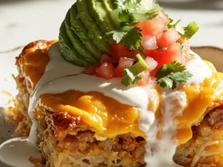A warm, cheesy breakfast casserole in a white Crockpot, topped with avocado and cilantro.