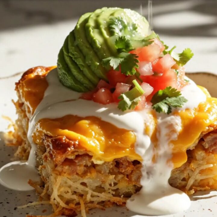 A warm, cheesy breakfast casserole in a white Crockpot, topped with avocado and cilantro.