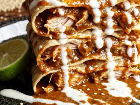 A tall, beautiful slice of chicken mole enchilada stack served on a plate with fresh garnishes.