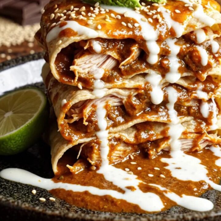 A tall, beautiful slice of chicken mole enchilada stack served on a plate with fresh garnishes.