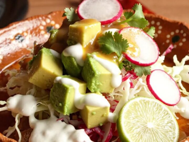 A steaming bowl of red pork posole topped with fresh cilantro, radish slices, and avocado in a rustic clay bowl.