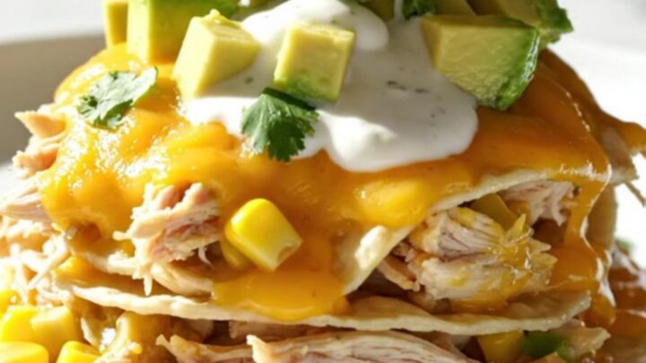 A close-up of the creamy cilantro lime chicken and white corn enchilada bake in a white ceramic slow cooker.