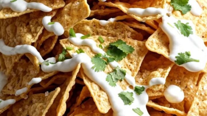A close-up shot of a slow cooker filled with bubbling, cheesy carnitas dip garnished with cilantro and lime.