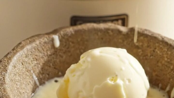 A close-up of a serving of warm peach dump cake in a stoneware bowl with melting vanilla ice cream on top.