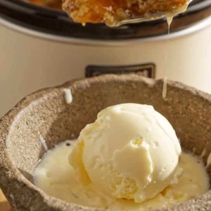 A close-up of a serving of warm peach dump cake in a stoneware bowl with melting vanilla ice cream on top.