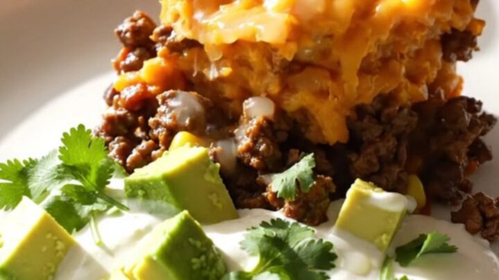 A close-up view of the slow-cooker shepherd's pie with a golden cheese crust and mashed sweet potatoes.