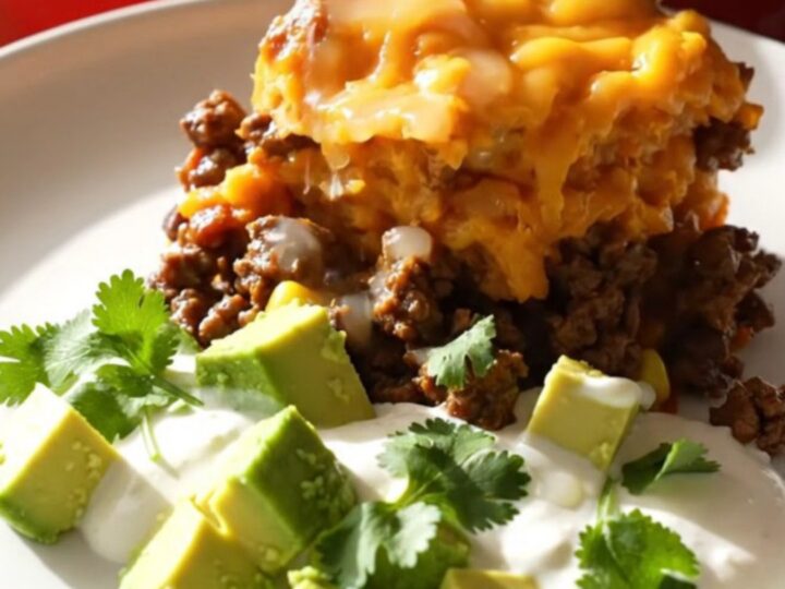 A close-up view of the slow-cooker shepherd's pie with a golden cheese crust and mashed sweet potatoes.