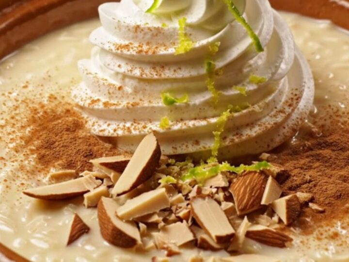 A close-up of creamy Tres Leches Horchata Rice Pudding in a stoneware bowl topped with dulce crema and almonds.